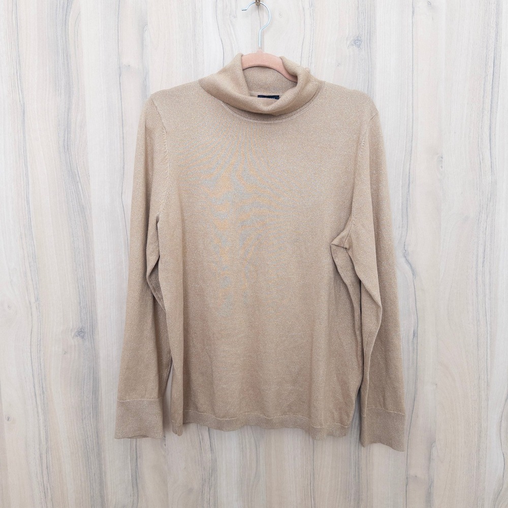 Talbots Womens Turtleneck Sweater L Tan Gold Metallic Shimmer Classic Holiday